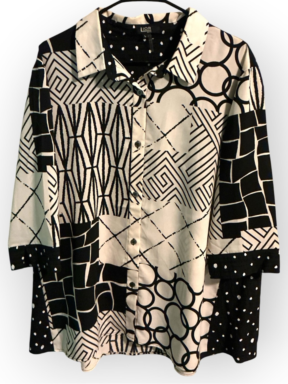 🌺Lior Paris Ellen Black & White Geometric Patchwork Button-Front Blouse